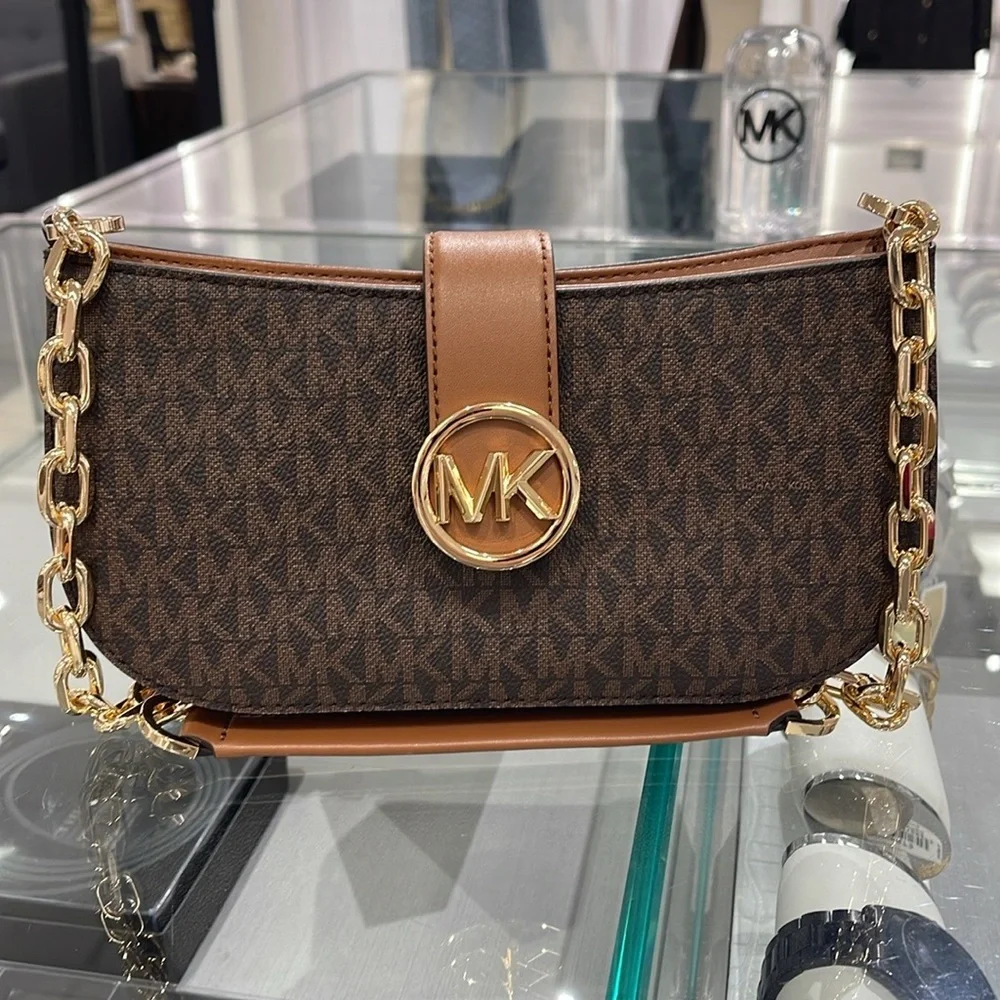 MICHAEL KORS Carmen Small Shoulder Bag Brown Signature  NWT